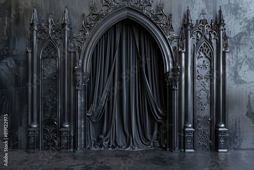 3D rendering of a black gothic arch with drapery and ornate decoration. A black curtain on the wall. photo