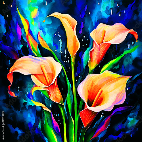 Colourful floral seamless Pattern with dark background watercolour painting of calla lily flowers