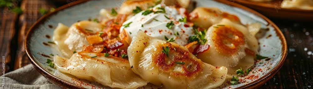 Pierogies, panfried with onions and bacon, served with sour cream, Polish community hall Pierogies, panfried with onions and bacon, served with sour cream, Polish community hall