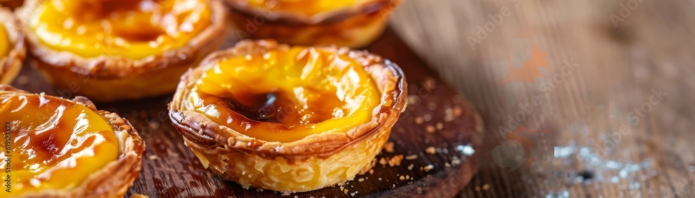 Portuguese custard tarts, pasteis de nata, golden and flaky, closeup on a light wooden board, early morning bakery atmosphere Portuguese custard tarts, pasteis de nata, golden and flaky, closeup on a light wooden board, early morning bakery atmosphere