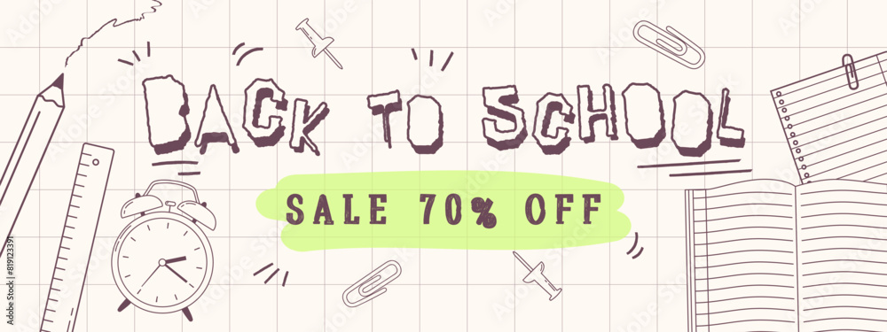 Back to school sale banner. Monochrome line art hand drawn illustrations with school supplies in doodle style. Education concept. Vector flyer on white background
