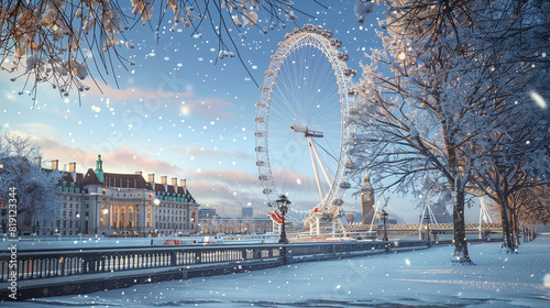 Millennium Wheel London famous in the snow AI generated photo
