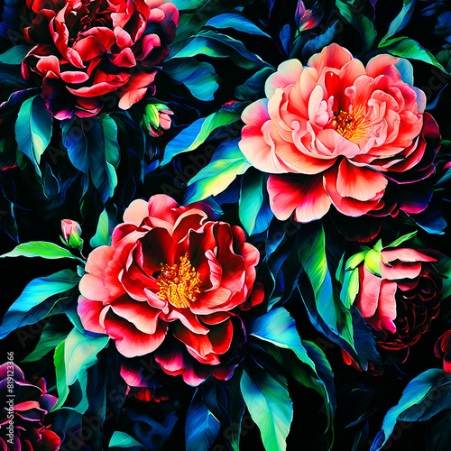 Colourful floral seamless Pattern with dark background watercolour painting of camellia flowers