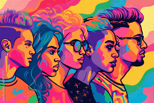 A poster features several lgbt people with different colored hair  in the style of pop art illustration  fauvist color explosions  oil painting  color gradients  colorful dreams  shaped canvas  symbol