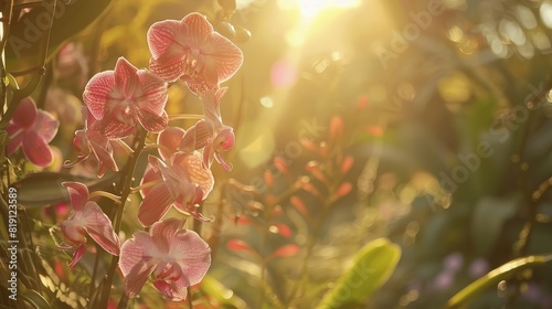 Beautiful sunlight streams through orchids, instilling hope of new day. generative ai photo