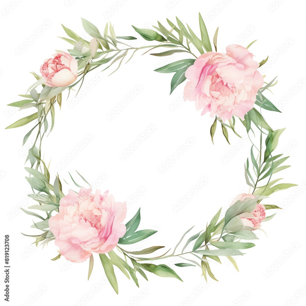 A delicate frame of pastel pink peonies and greenery, watercolor style, blank center space. -ar 3:2