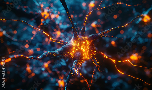 Glowing synapse shapes connect in abstract neural communication network . The neurons are shown as grey cells with dendrites extending outwards.