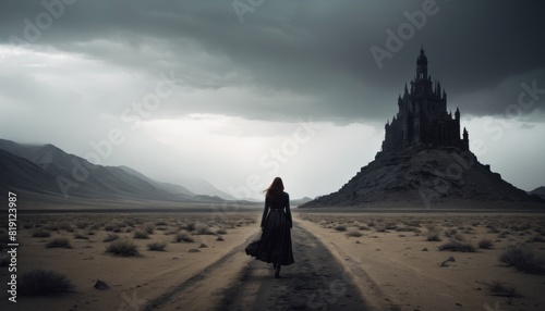 A lone woman walks on a path towards a foreboding castle under a stormy sky in a desolate desert landscape.. AI Generation