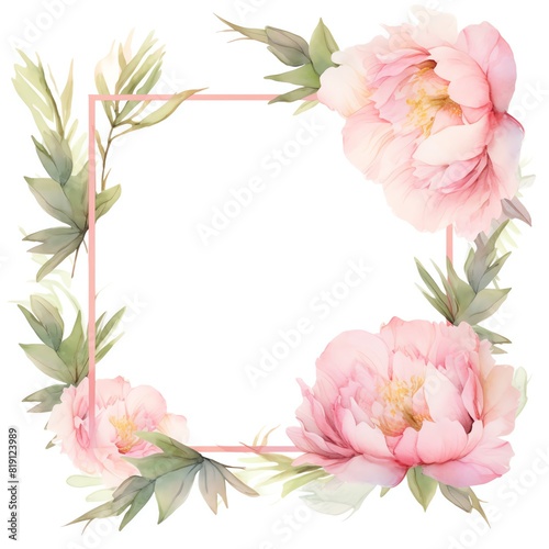 A delicate frame of pastel pink peonies and greenery, watercolor style, blank center space. -ar 3:2