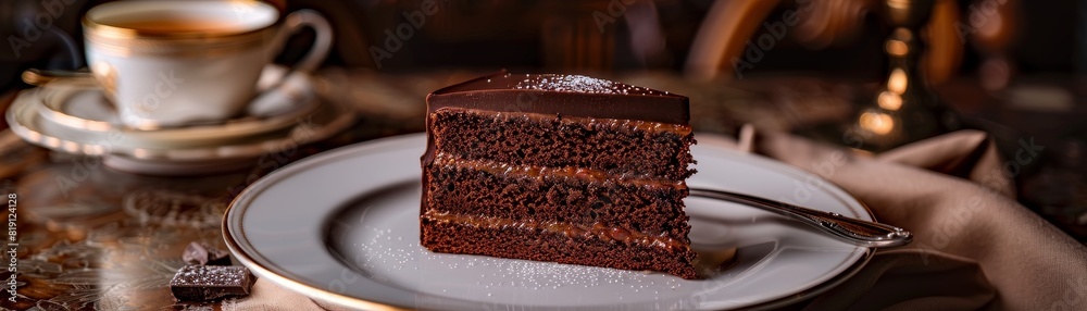 Sacher Torte, classic Austrian chocolate cake, slice revealing the apricot jam layer, elegant cafe setting, afternoon tea atmosphere