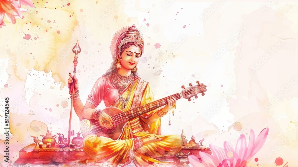 Illustration of the saraswati puja for vasant panchami in watercolor style