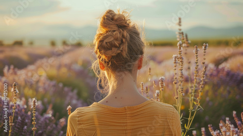 Female silhouette against the sunset in a blooming lavender field