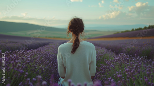 Female silhouette against the sunset in a blooming lavender field