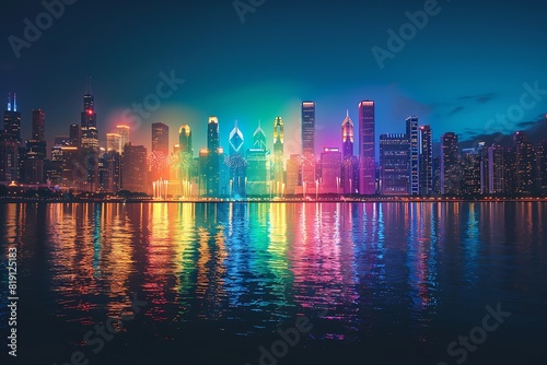 Rainbow fireworks over a city skyline with a clear sky for Pride month messages