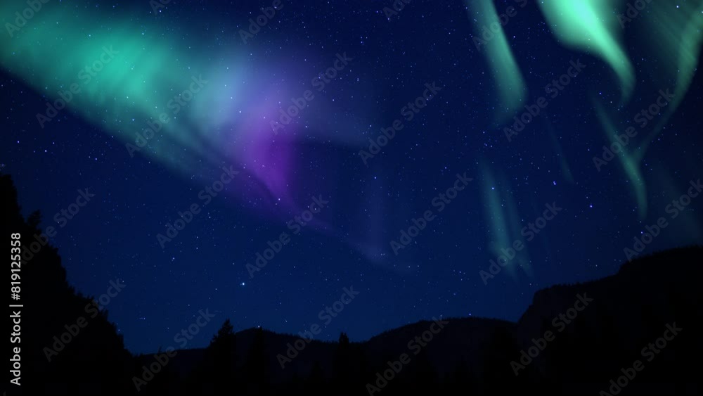 Aurora Green Purple and Milky Way Galaxy Over Forest Mountain