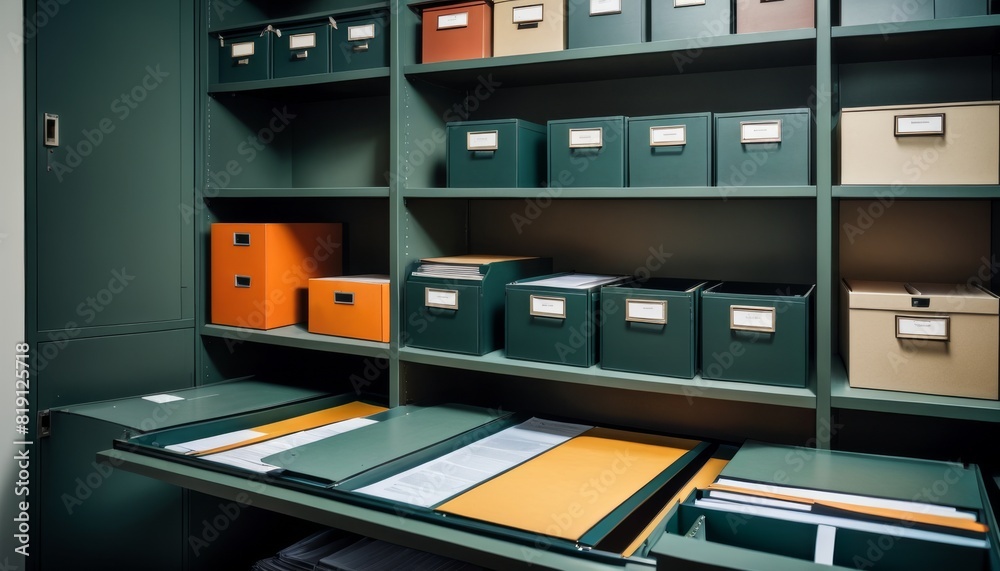 Contemporary office filing system featuring labeled storage boxes on shelving units, ensuring organized document keeping.. AI Generation Contemporary office filing system featuring labeled storage boxes on shelving units, ensuring organized document keeping.. AI Generation