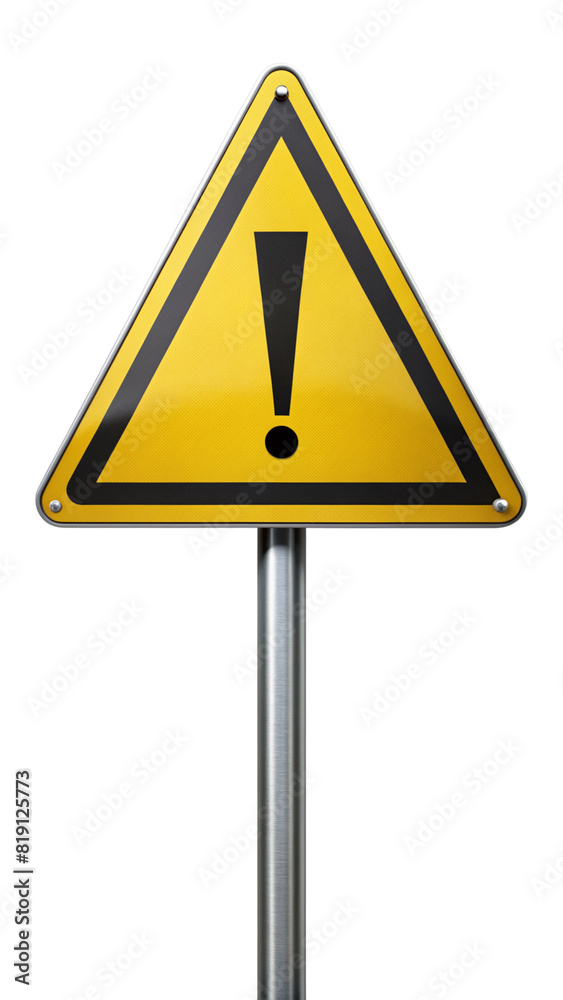A triangular warning sign with a black exclamation point in the center, mounted on a silver pole. A triangular warning sign with a black exclamation point in the center, mounted on a silver pole.