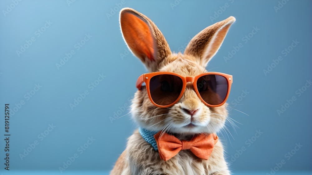 Funny rabbit wearing stylish orange sunglasses. A pastel blue background. Copy space for text. AI picture.