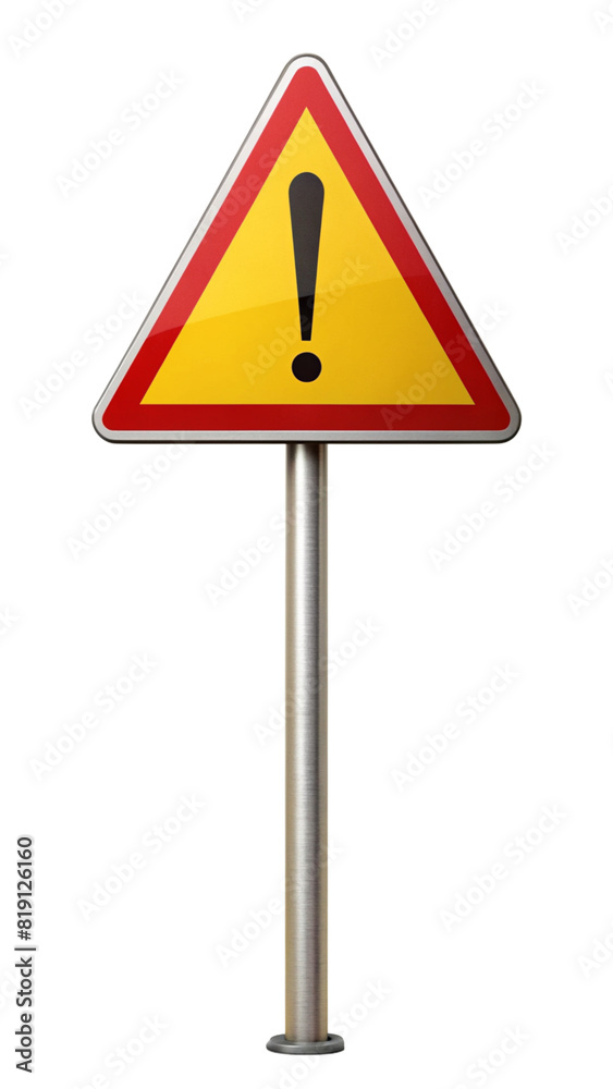 A triangular warning sign with an exclamation point in yellow . A triangular warning sign with an exclamation point in yellow .