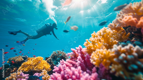 scuba diver and beautiful colorful coral reef