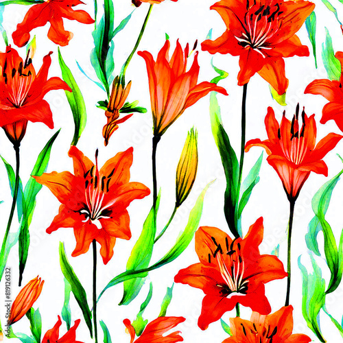 Colourful floral seamless Pattern with light background watercolour painting of  Canna Lily flower