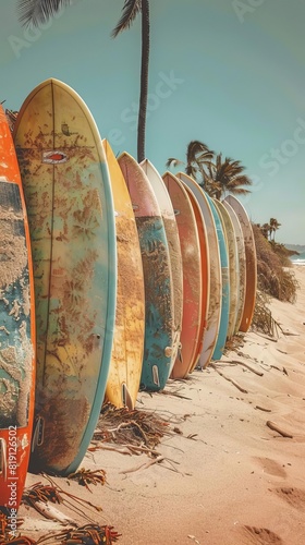Surfboards lined up on a sandy beach  retro style  warm tones  evoking classic summer surf culture