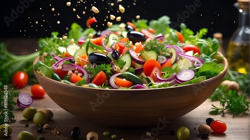 Vegetable salad in a bowl with flying components and olive oil.Generative AI