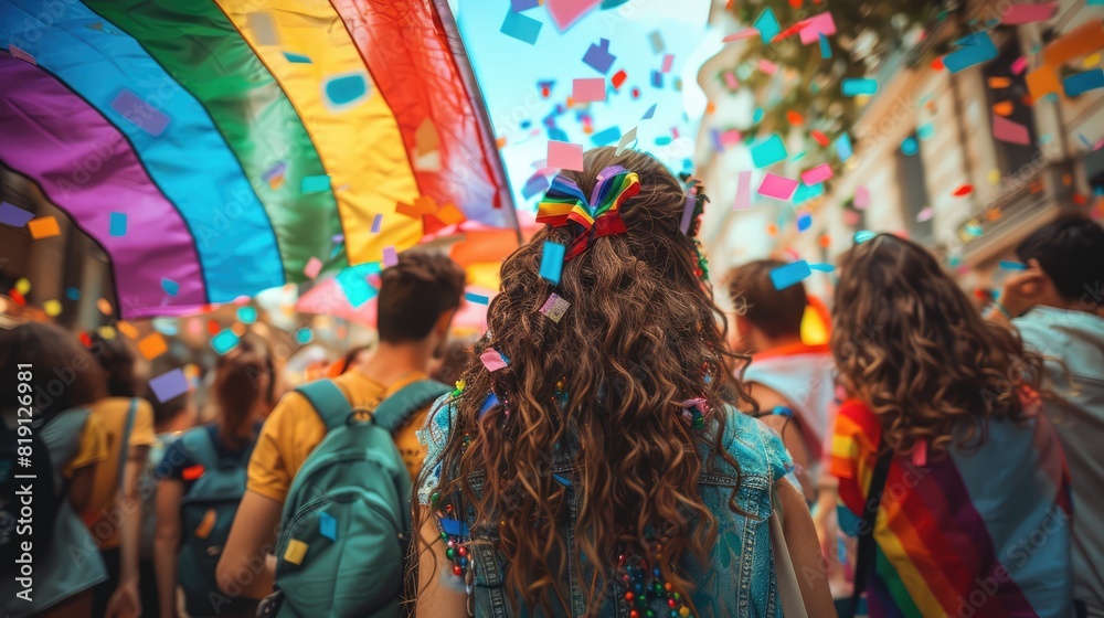 Digital photograph of back view of people with LGBT and flags parade on the street, festive happy day, hyper detailed, harmonious color schemes, monochromatic colortwo people holding hands while