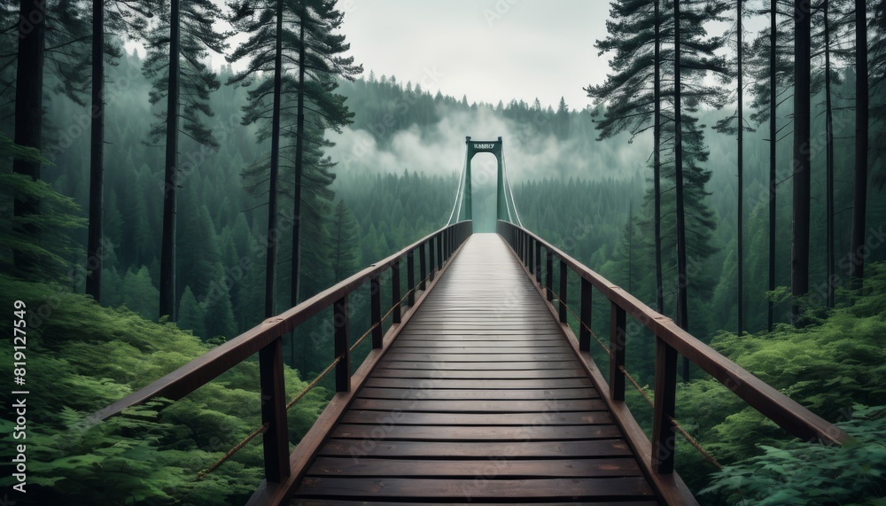 A wooden bridge leading into a foggy, evergreen forest invokes a sense of mystery and natural serenity.. AI Generation