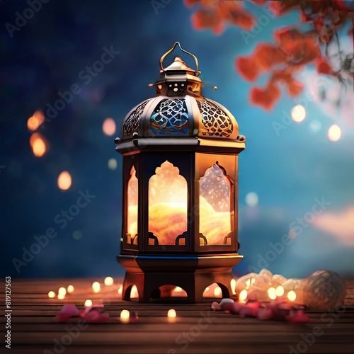 Lantern with night sky view and bokeh background, eid al adha, muharram, islamic new year, generative ai