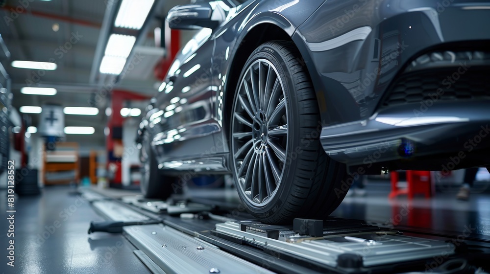 Fototapeta premium Professional car alignment and camber fixing services in a specialized vehicle garage workshop
