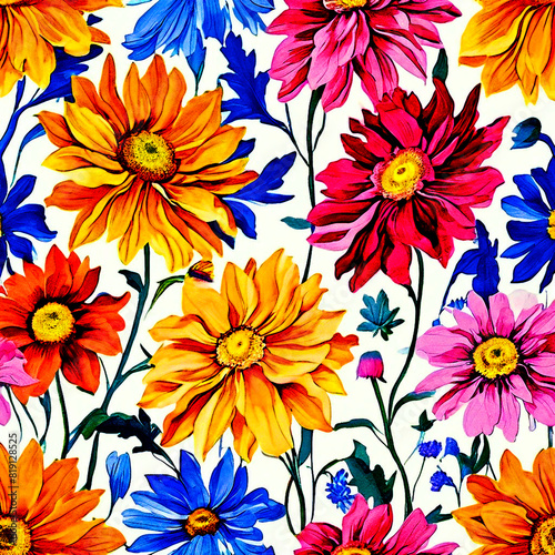 Colourful floral seamless Pattern with light background watercolour painting of blanket flowers