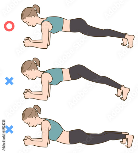 女性の正しいプランク、間違ったプランクの見本ベクターイラストセット