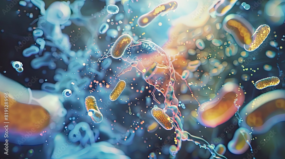 scientific photo of a biofilm in which there is a group of diverse bacteria that have different functions, colors scientific photo of a biofilm in which there is a group of diverse bacteria that have different functions, colors