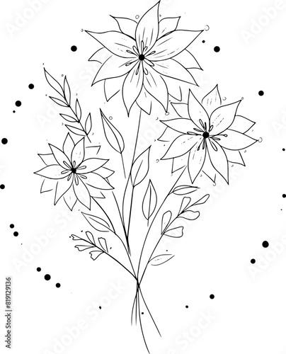 Bouquet of wild flowers line art. Hand drawn flowers, wild plants, botanical elements for design projects. Vector illustration.
