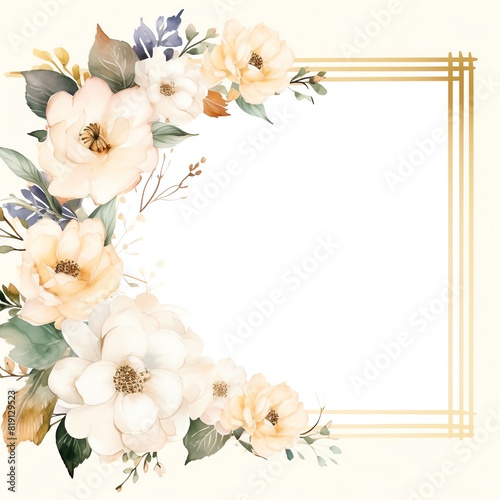 A glamorous wedding frame with gold and ivory flowers  watercolor style  blank center area. 