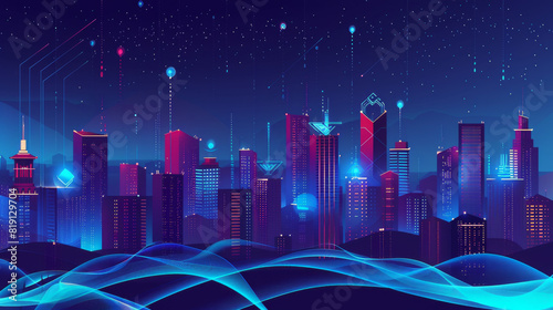 Stylized illustration of a futuristic cityscape illuminated with neon lights, showcasing advanced technology and vibrant urban life at night. Futuristic Digital Cityscape with Neon Lights