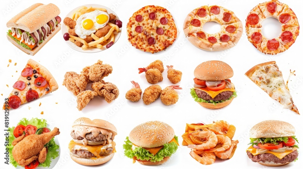 Closeup of fast foods. All Fast Food collection set, isolated on white background. generative ai Closeup of fast foods. All Fast Food collection set, isolated on white background. generative ai