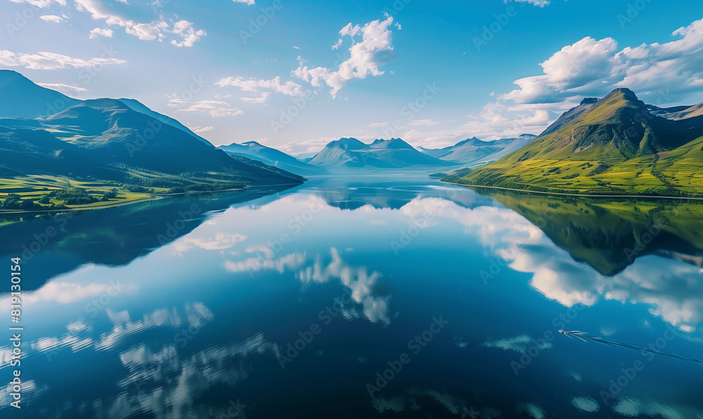 Panorama of a calm lake, seen from a bird's eye view, where the water surface reflects the surrounding mountains. It is an image of harmony and peace, where the sky meets the earth on the horizon.