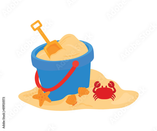 Blue sand bucket with scoop vector illustration for beach vacation kid toys and game