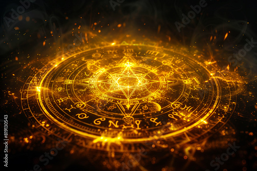 Golden magic runes in a circle. Glowing spell effect. Ancient fantasy writing. Magical ring.	