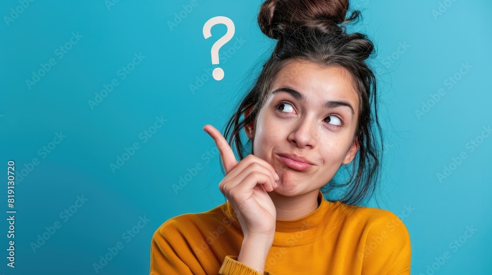 Obraz premium A young cute woman with questions sign above isolated on blue background, Question mark