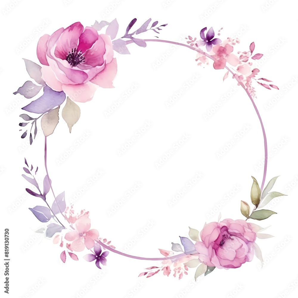 A romantic wedding frame with purple and pink flowers, watercolor illustration, blank middle space. 