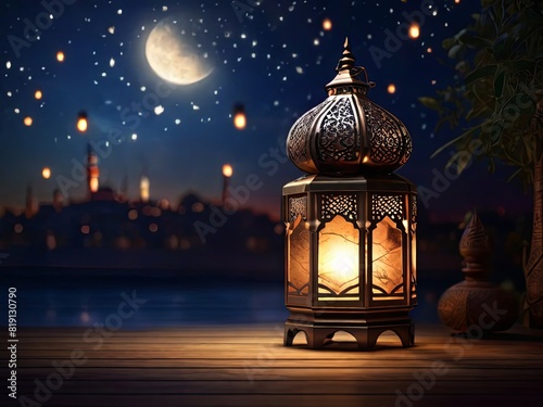 Lantern with night sky view and bokeh background, eid al adha, muharram, islamic new year, generative ai