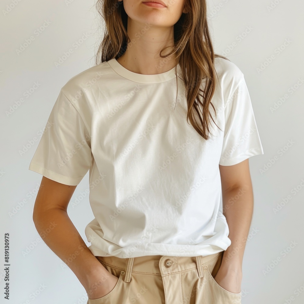 Ivory t-shirt with a round neckline, solid color, white background Ivory t-shirt with a round neckline, solid color, white background