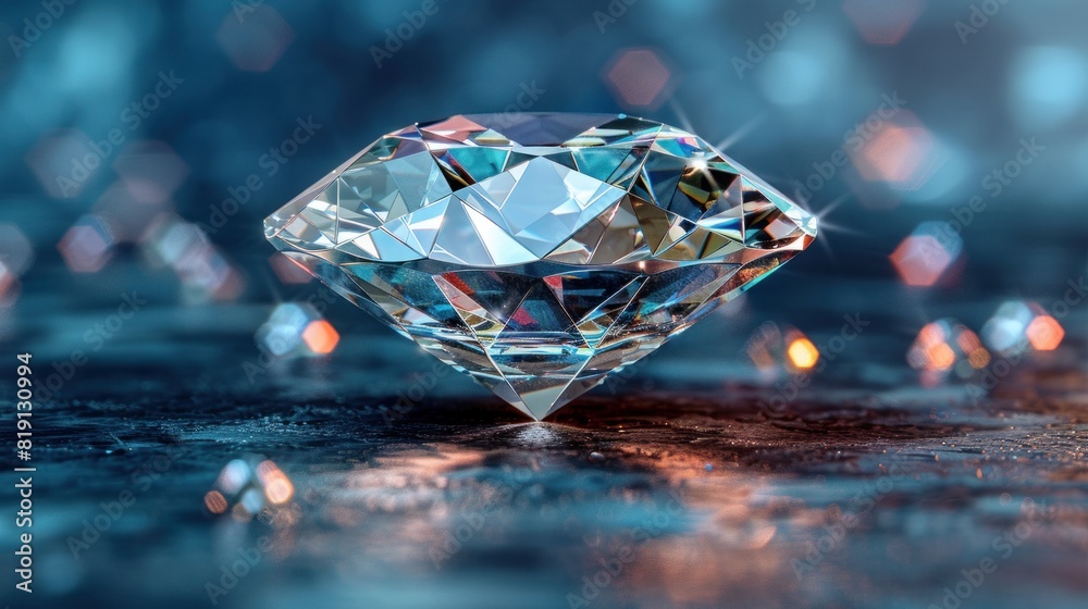 A diamond shines on a shiny surface, illuminated by surrounding lights A diamond shines on a shiny surface, illuminated by surrounding lights
