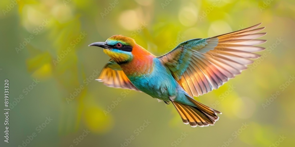 Obraz premium Vibrant Rainbow Bird Soaring in Negative Space - Colorful Avian Freedom Concept