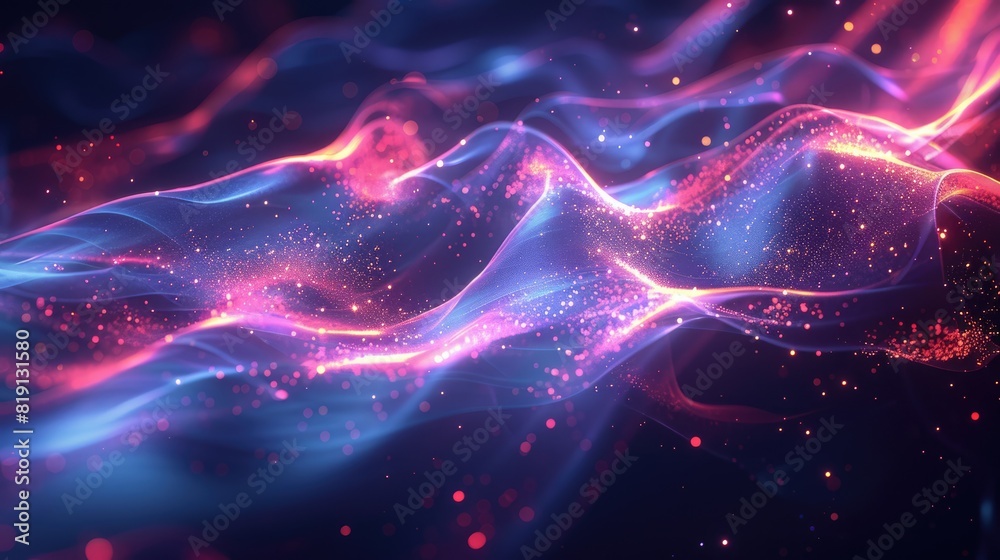 Pink and blue glowing particles form into waves against a dark background. AIG51A.