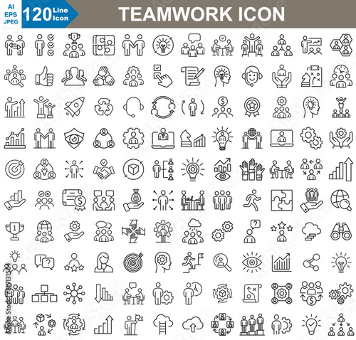 A set of line icons representing teamwork, showcasing various elements such as collaboration, communication, unity, support, and collective effort. simple icon set.