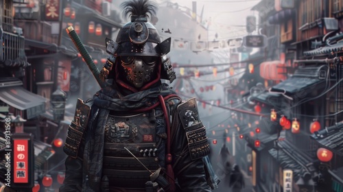 Japanese steampunk ninja character in a technological city